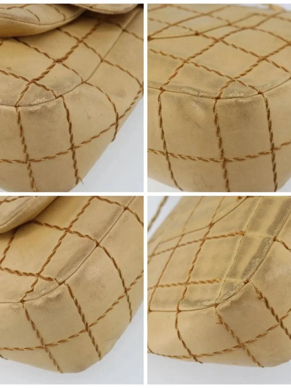 CHANEL Wild Stitch Choco Bar Chain Bag Lamb Skin Beige Gold CC Auth gh2006